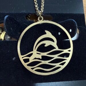 Bamboo Trading Company Gold Tone Dolphin Wave Circle Pendant Necklace NWT Trendy
